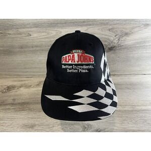 RARE Papa John's Hat Black Adjustable Embroidered Checkered Logo Employee Racing